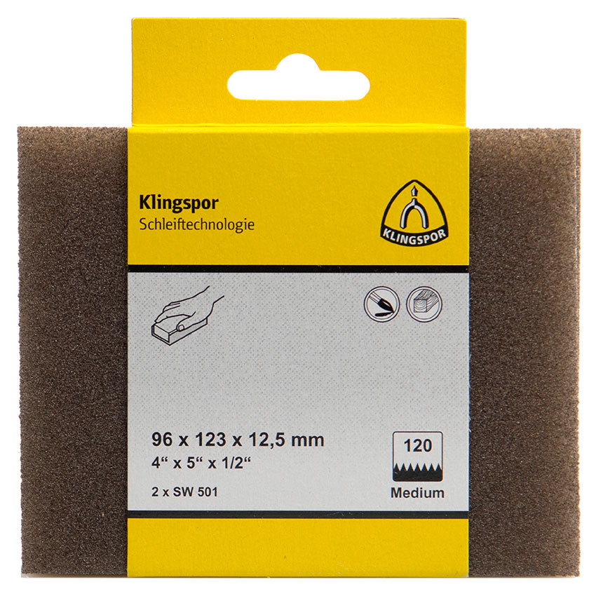 SW 501 abrasive sponge, Aluminium Oxide grain 120 96 x 123 x 12,5 mm, D.I.Y.-packaged with tab