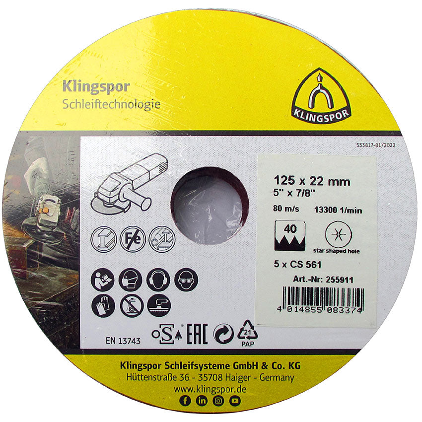 CS 561 fibre discs, 115 x 22 mm grain 80 star shaped hole, D.I.Y.-packaged in foil