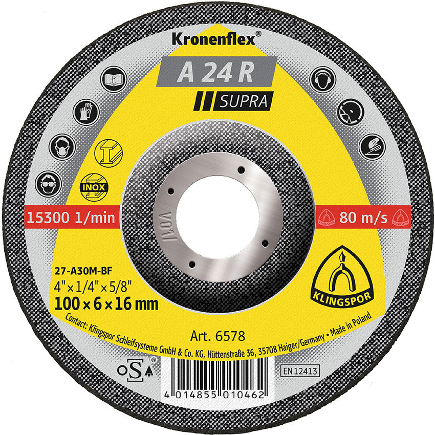 A 24 R grinding discs, 100 x 6 x 16 mm depressed centre