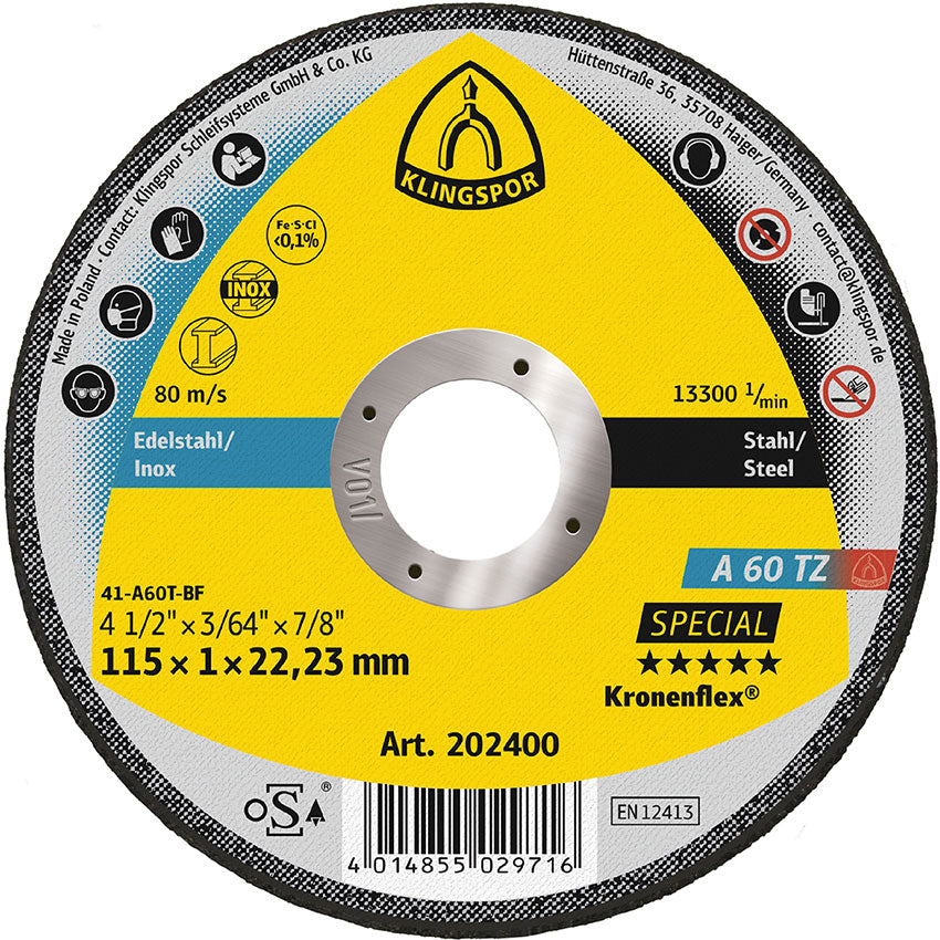 A 60 TZ cutting-off wheels, 115 x 1 x 22,23 mm flat