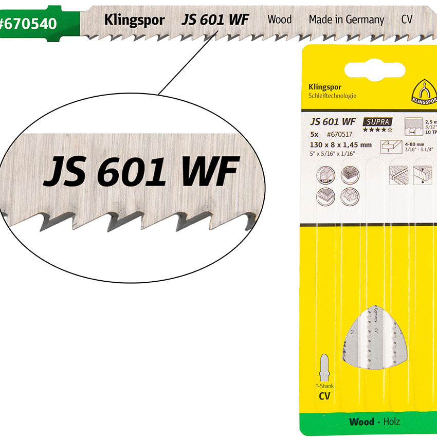 JS 601 WF keyhole saw blades, 100 x 8 x 1,45 mm Effective length 75Crom-Vanadium, kreuzgeschliffen, konisch , 10 TPI, D.I.Y.-packaged in cardb.box