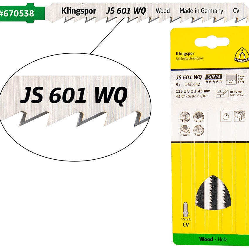 JS 601 WQ keyhole saw blades, 115 x 8 x 1,45 mm Effective length 90Crom-Vanadium, kreuzgeschliffen, konisch , 8 TPI, D.I.Y.-packaged in cardb.box