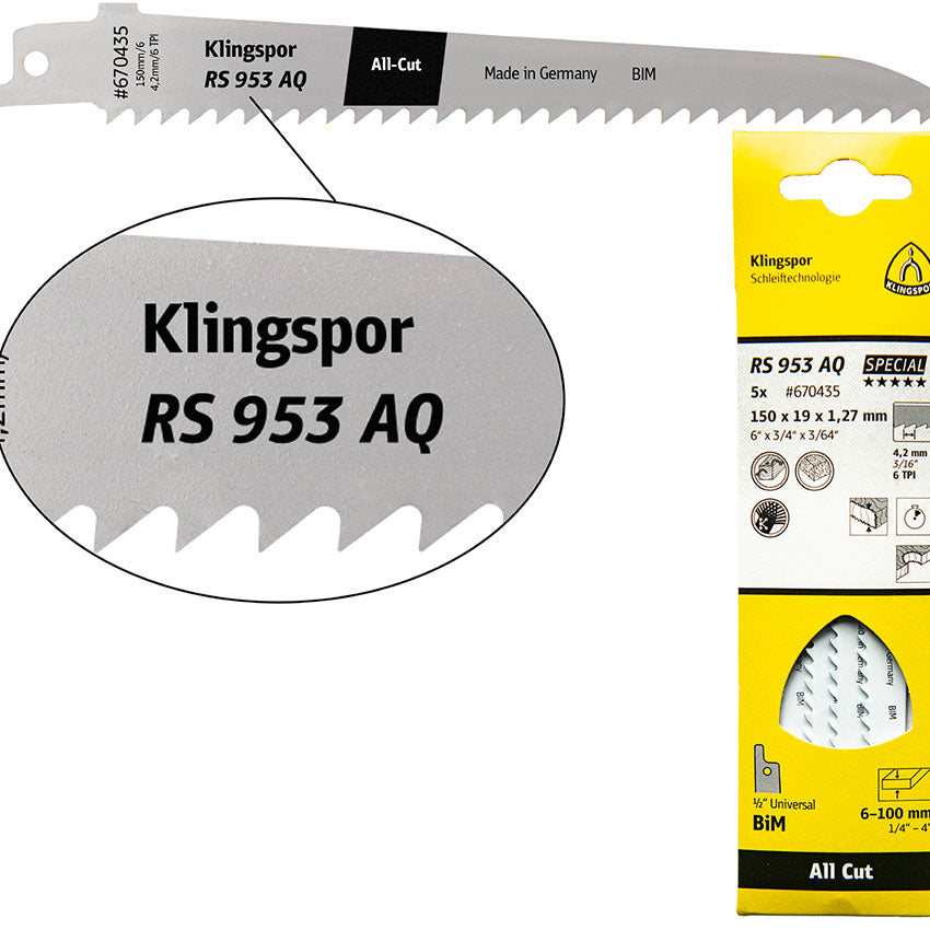 RS 953 AQ saber saw blades, 150 x 19 x 1,27 mm Effective length 130Bi-Metall, gefräst, geschränkt , 6 TPI, D.I.Y.-packaged in cardb.box